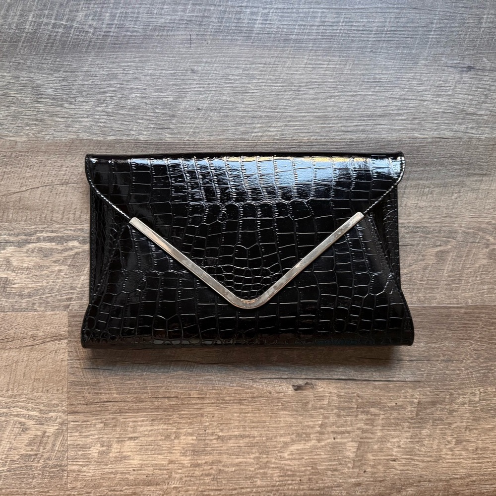Crocodile Embossed Black Faux Leather Clutch with Metallic Trim